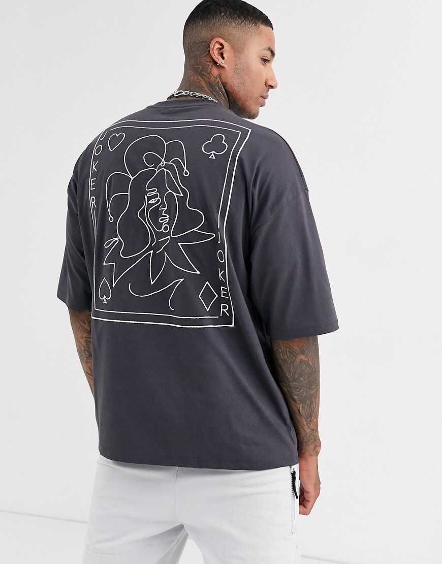 ASOS DESIGN - T-shirt oversize lunga in jersey pesante con ricamo sul retro e piccola stampa sul petto-Grigio