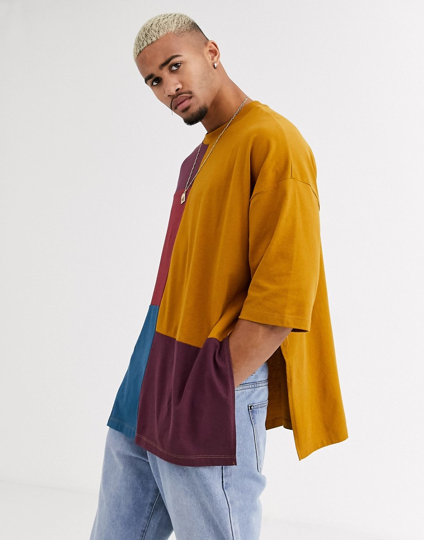 ASOS DESIGN - T-shirt oversize lunga in tessuto organico color cuoio colour block patcwork-Marrone
