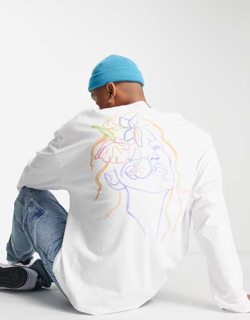 ASOS DESIGN - T-shirt oversize manches longues avec imprimé esquisse au dos - Blanc