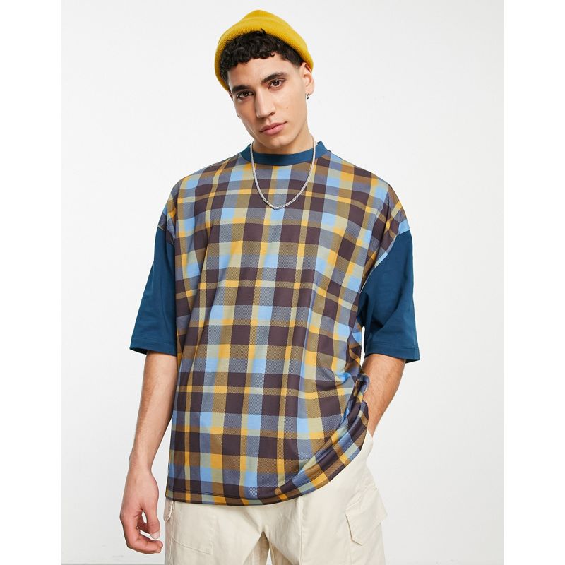 Uomo T-shirt e Canotte DESIGN - T-shirt oversize marrone a quadri con maniche color block a contrasto