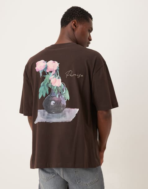 ASOS DESIGN - T-shirt oversize marrone con grafica a fiori dipinti - view 1