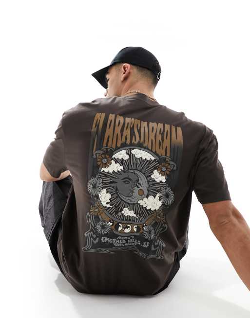 ASOS DESIGN - T-shirt oversize marrone con stampa celestiale sul retro