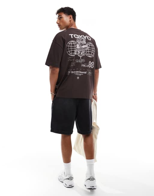ASOS DESIGN - T-shirt oversize marrone con stampa di strada, 3 di 4