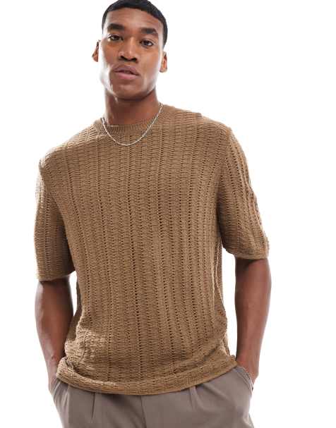 ASOS DESIGN - T-shirt oversize marrone in maglia testurizzata a righe - view 1