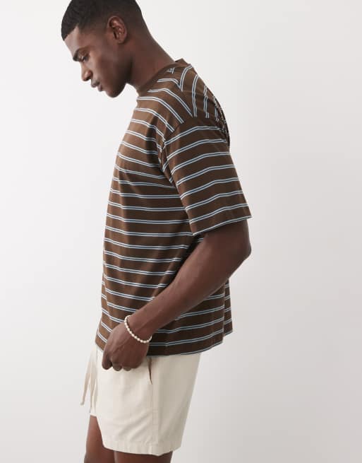 ASOS DESIGN - T-shirt oversize marrone scuro e blu a righe, 4 di 7