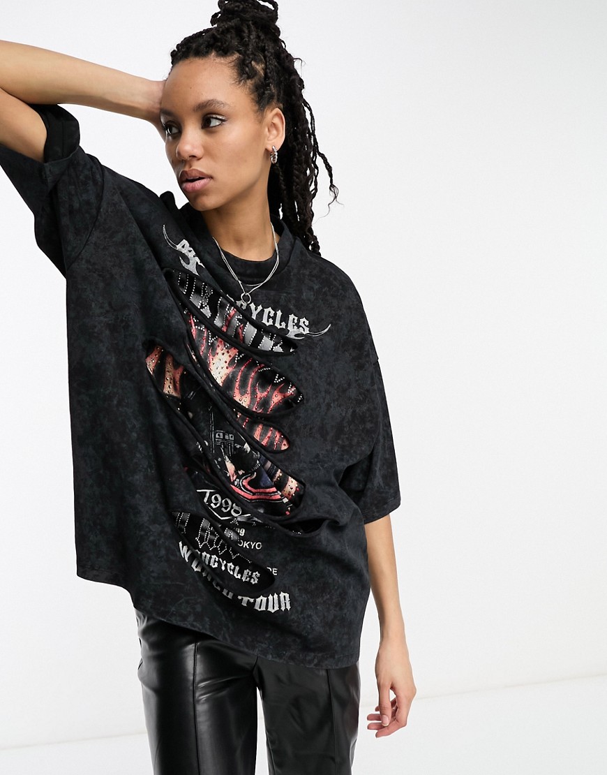 T-shirt oversize nera con grafica rock effetto intaglio con applicazioni a caldo-Black - ASOS DESIGN T-shirt donna  - immagine1