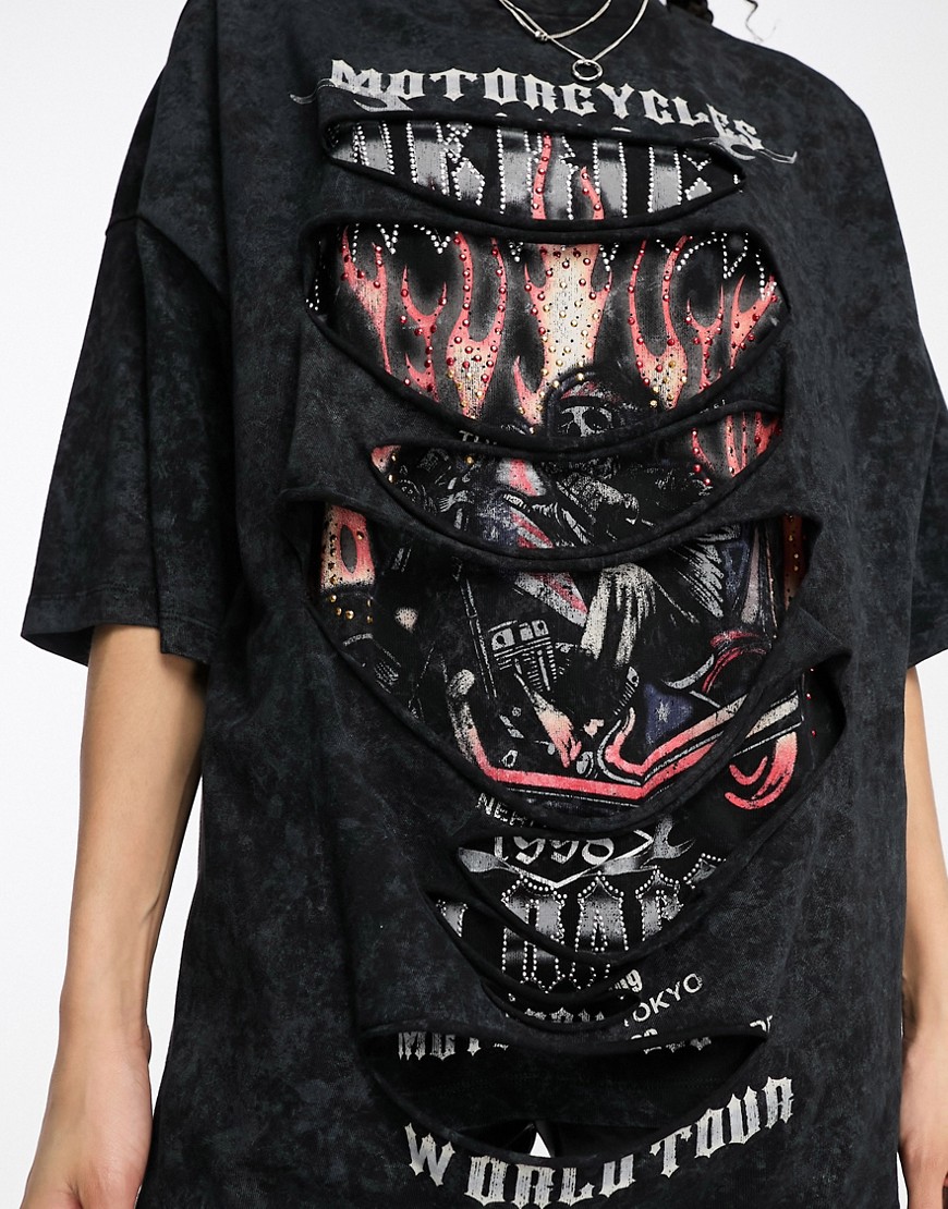 T-shirt oversize nera con grafica rock effetto intaglio con applicazioni a caldo-Black - ASOS DESIGN T-shirt donna  - immagine2