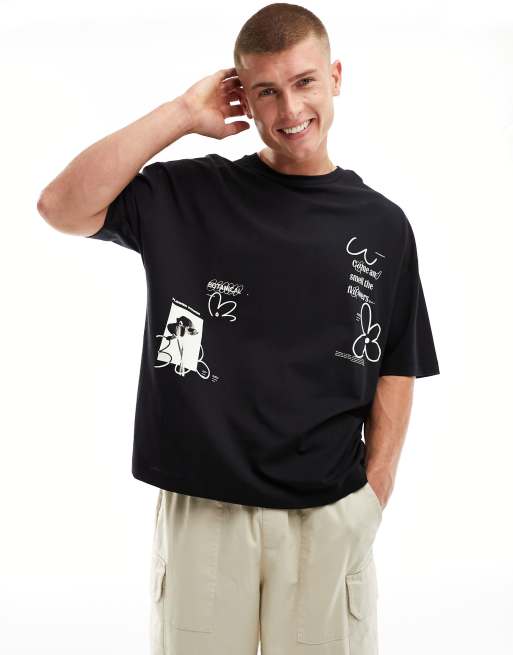 ASOS DESIGN - T-shirt oversize nera con stampa a fiori multicolore