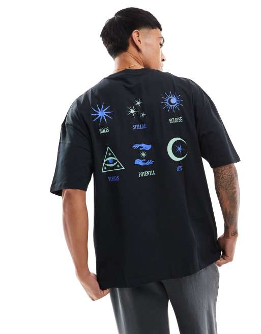 ASOS DESIGN - T-shirt oversize nera con stampa celestiale sul retro