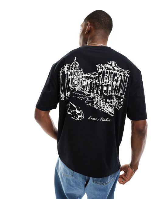 FhyzicsShops DESIGN - T-shirt Raspberry nera con stampa di paesaggio sulla schiena