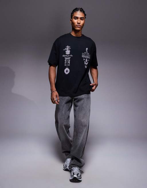 ASOS DESIGN - T-shirt oversize nera con stampe multiple applicate, 2 di 5