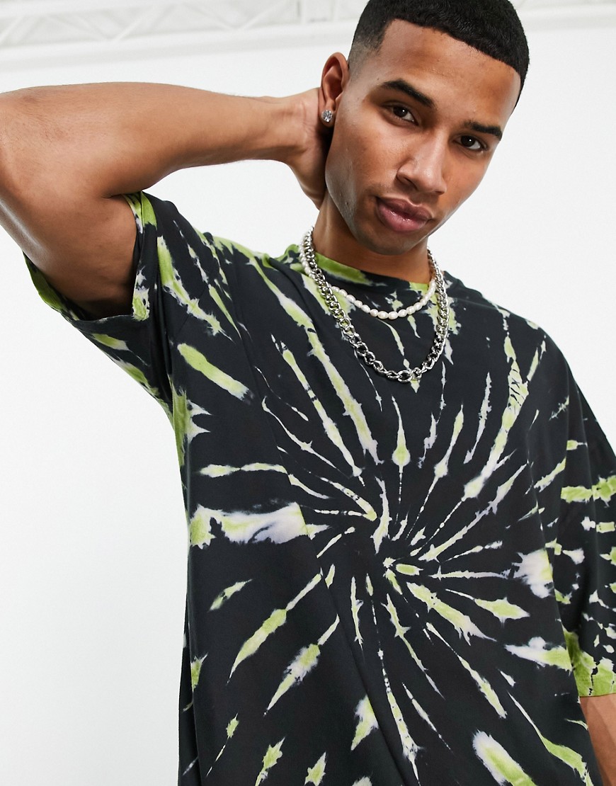T-shirt oversize nera e verde con motivo a spirale tie-dye-Nero - ASOS DESIGN T-shirt donna  - immagine3