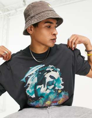 ASOS DESIGN - T-shirt oversize nero slavato con stampa di oceano vintage sul davanti