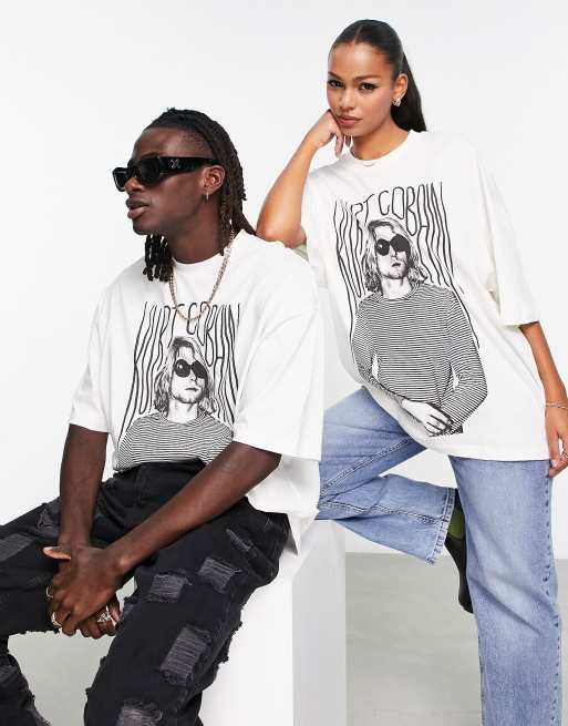 ASOS DESIGN – T-shirt oversize o fasonie unisex w kolorze ecru z grafiką z Kurtem Cobainem