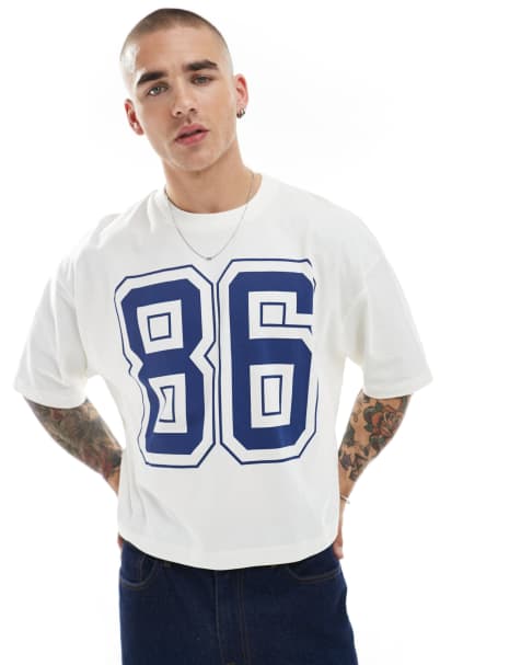 ASOS DESIGN cropped oversized t-shirt with sports graphic in off white