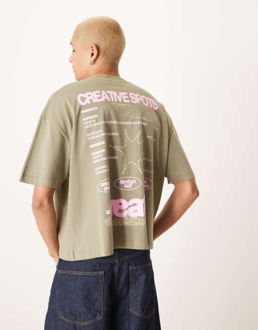 ASOS DESIGN – T-shirt oversize o pudełkowym kroju w jasnym odcieniu khaki z grafiką z przodu i na plecach