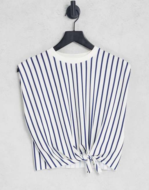 ASOS DESIGN – T-shirt oversize o pudełkowym kroju w kolorze ecru w granatowe paski z wiązaniem z przodu 