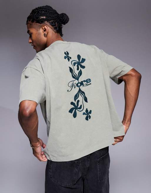ASOS DESIGN – T-shirt oversize o pudełkowym kroju w kolorze khaki z efektem sprania z haftowanym kwiatowym wzorem