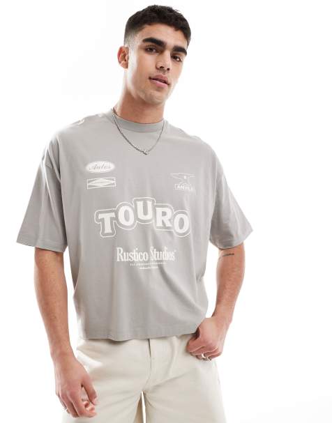 ASOS DESIGN boxy oversized t-shirt with text graphics in khaki