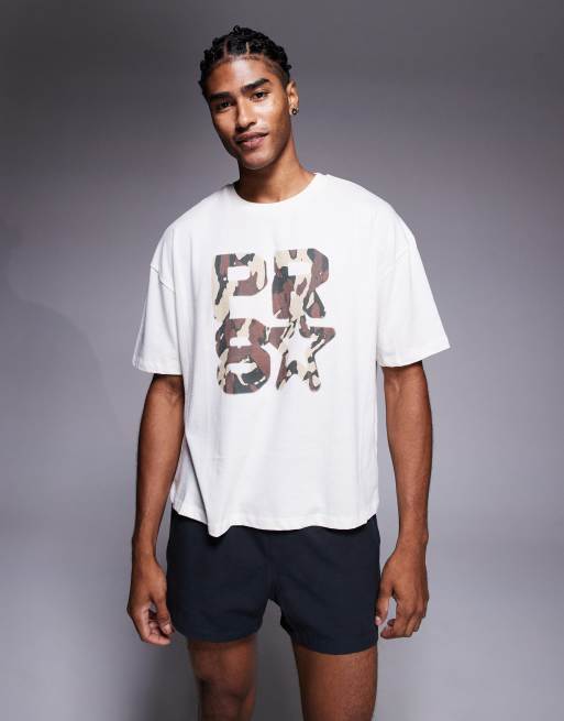 ASOS DESIGN – T-shirt oversize o pudełkowym kroju w kolorze złamanej bieli z nadrukiem z przodu