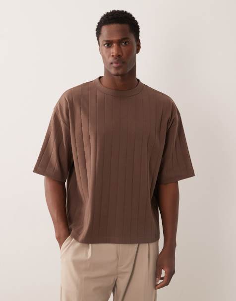 ASOS DESIGN – T-shirt oversize o pudełkowym kroju z szerokimi prążkami w kolorze brązowym - view 1