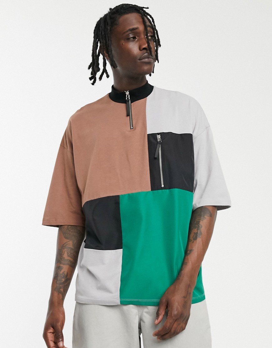 ASOS DESIGN - T-shirt oversize patchwork colour block con comoda tasca e collo alto con zip-Multicolore