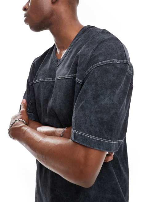 ASOS DESIGN - T-shirt oversize pesante 220 gsm nero slavato con scollo a V, 2 di 4