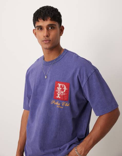 ASOS DESIGN - T-shirt oversize pesante 220 gsm viola slavato con stampa sul petto - view 1