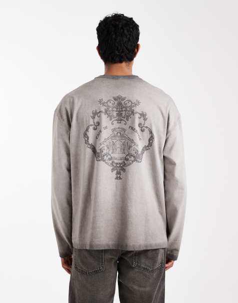 ASOS DESIGN - T-shirt oversize pesante a maniche lunghe grigio slavato con grafica sul retro - view 1