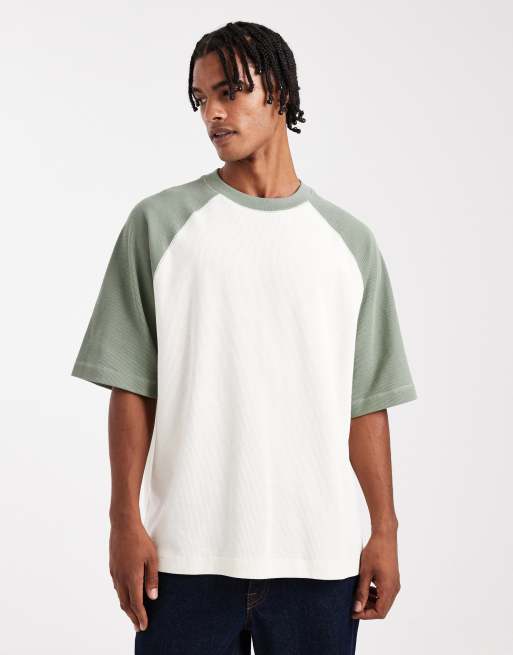 ASOS DESIGN - T-shirt oversize pesante color panna testurizzata con maniche raglan a contrasto