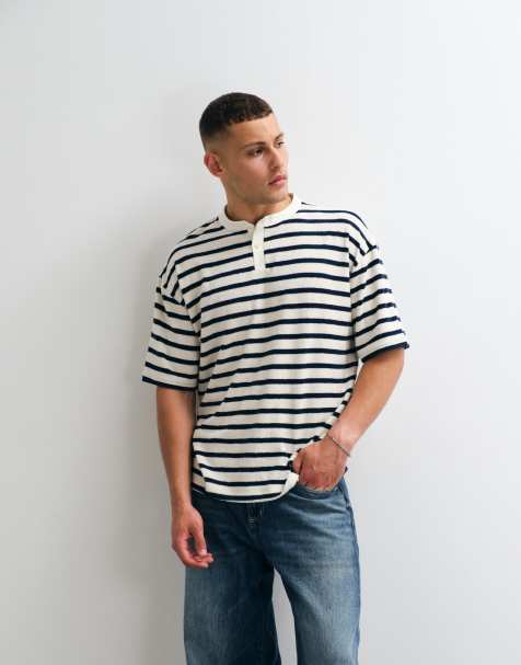 ASOS DESIGN - T-shirt oversize pesante con collo serafino in spugna blu navy a righe - view 1