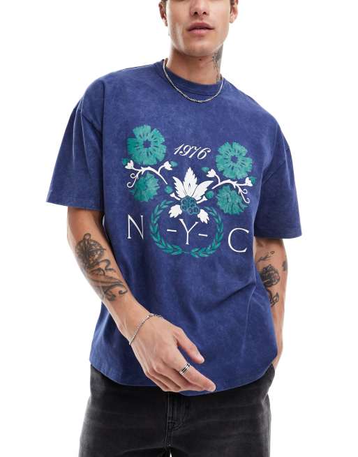 ASOS DESIGN - T-shirt oversize pesante da 220 gms color blu navy slavato con stampa stile college sul davanti