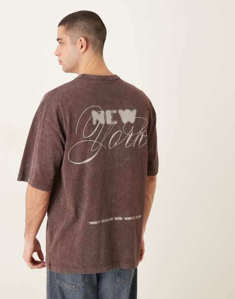 ASOS DESIGN - T-shirt oversize pesante marrone slavato con grafica New York - view 1