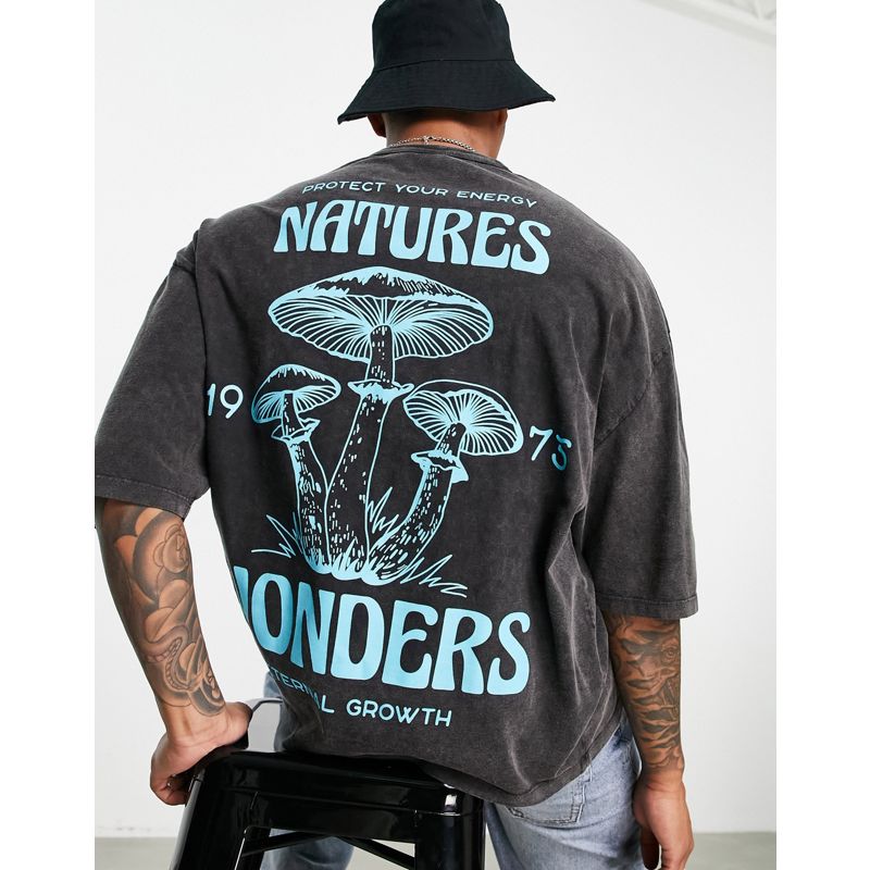 T-shirt e Canotte Uomo DESIGN - T-shirt oversize pesante nero slavato con stampa di funghi sul retro