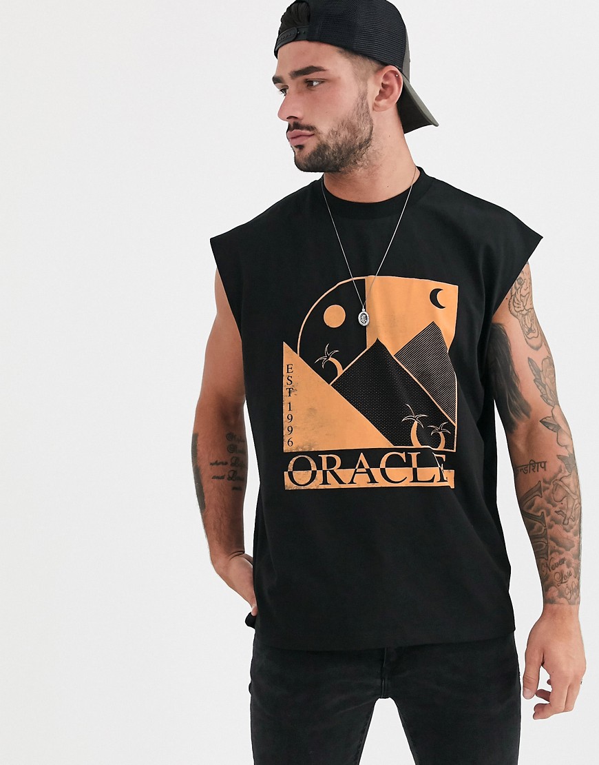 ASOS DESIGN - T-shirt oversize pesante senza maniche con stampa oracle sul davanti-Nero