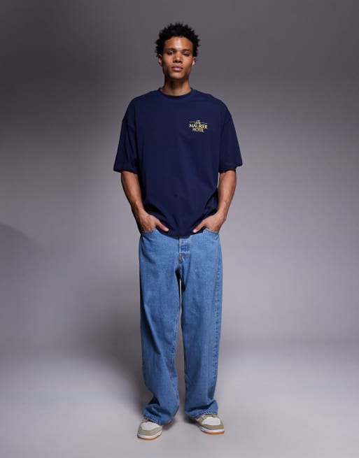 ASOS DESIGN - T-Shirt oversize pesante squadrata blu navy con scritta ricamata, 2 di 5