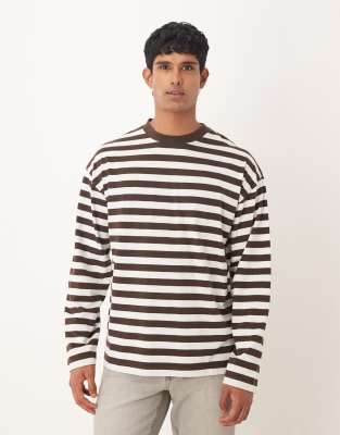 ASOS DESIGN - T-shirt oversize rayé à manches longues - Écru/marron-Brown
