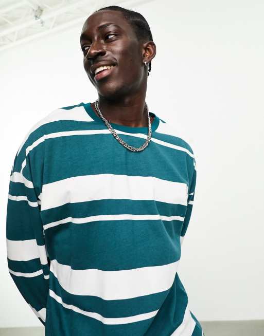 ASOS DESIGN - T-shirt oversize rayé à manches longues - Écru/vert forêt