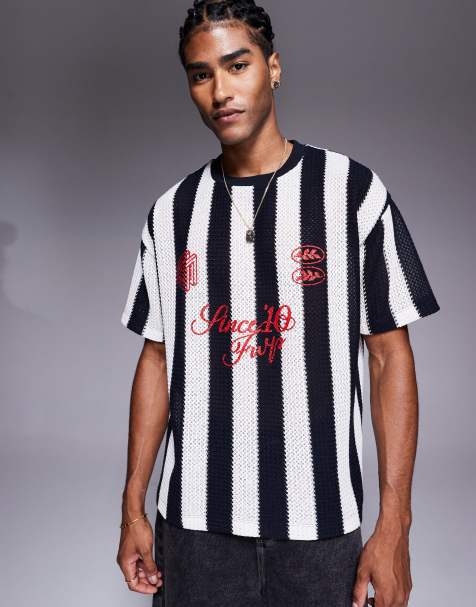 ASOS DESIGN - T-shirt oversize rayé au crochet à motif sportif - Noir et blanc - view 1