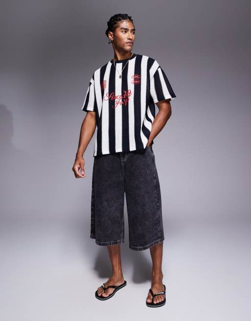 ASOS DESIGN - T-shirt oversize rayé au crochet à motif sportif - Noir et blanc , 3 de 4