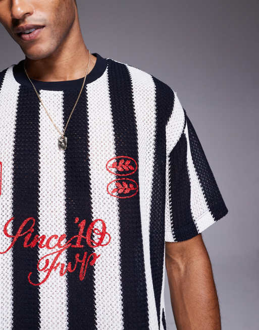 ASOS DESIGN - T-shirt oversize rayé au crochet à motif sportif - Noir et blanc , 4 de 4