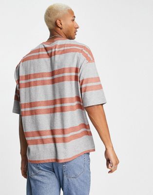 Homme T-shirt oversize rayé avec écusson griffé devant - Gris chiné et orange