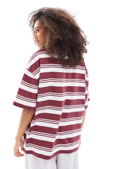 ASOS DESIGN - T-shirt oversize rayé en tissu flammé - Bordeaux, 3 de 4