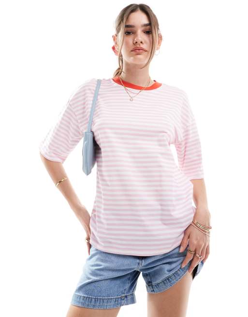 ASOS DESIGN - T-shirt oversize rosa a righe con girocollo a contrasto