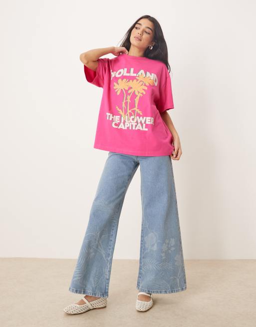 ASOS DESIGN - T-shirt oversize rosa con grafica “Holland” a fiori, 2 di 4
