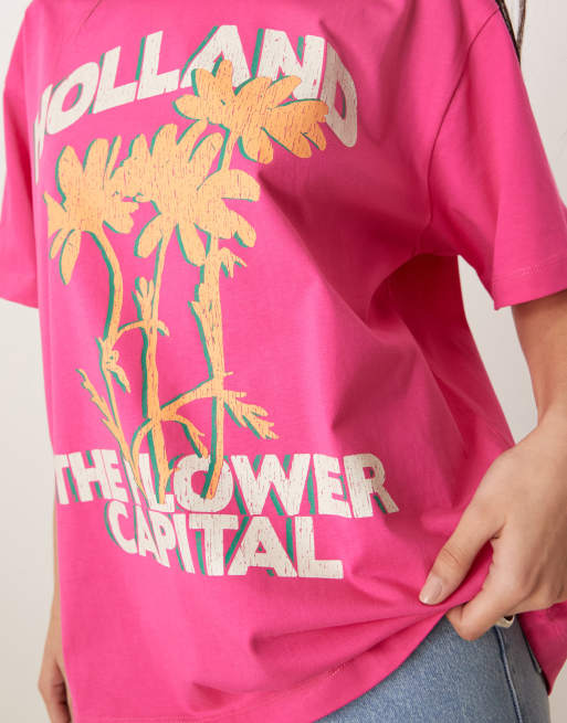 ASOS DESIGN - T-shirt oversize rosa con grafica “Holland” a fiori, 3 di 4