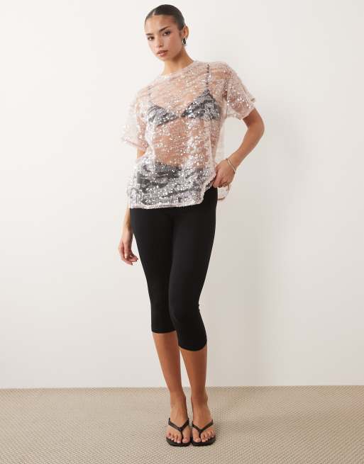 ASOS DESIGN - T-shirt oversize rosa con paillettes trasparenti, 2 di 4