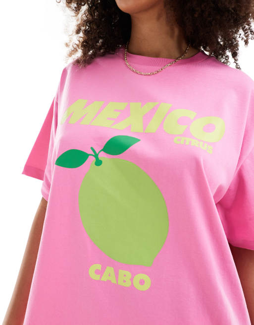 ASOS DESIGN - T-shirt oversize rosa con stampa di lime e scritta “Mexico”, 3 di 4