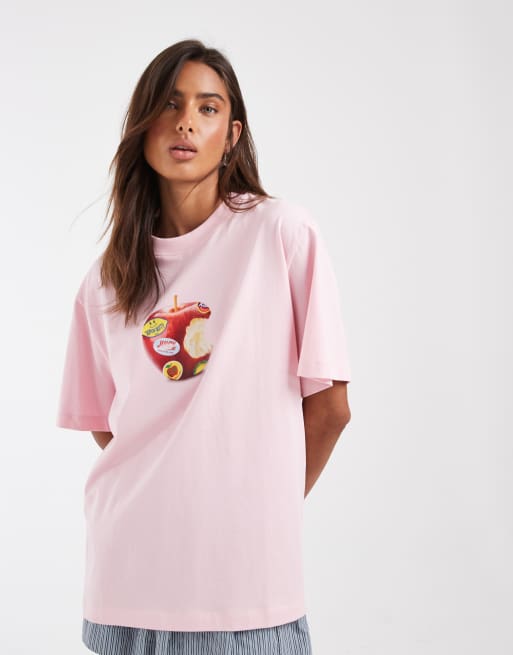 ASOS DESIGN - T-shirt oversize rosa confetto con grafica di mela adesiva, 4 di 4