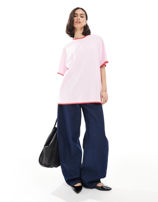 ASOS DESIGN - T-shirt oversize rosa fiammato con bordi ricrac, 2 di 4
